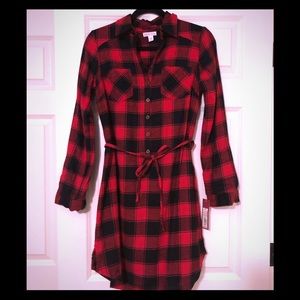 Red and black plaid shirt dress